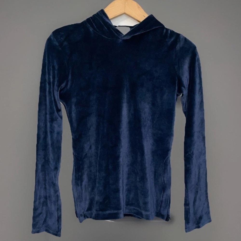 CALE Velour Hoodie XS DESIGNER Pullover Top Navy Blue Canada NWT